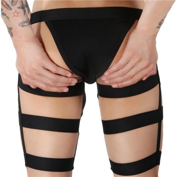 Men's Black Jockstrap Leggings Big Pouch Lingerie Medium - Picture 2 of 5